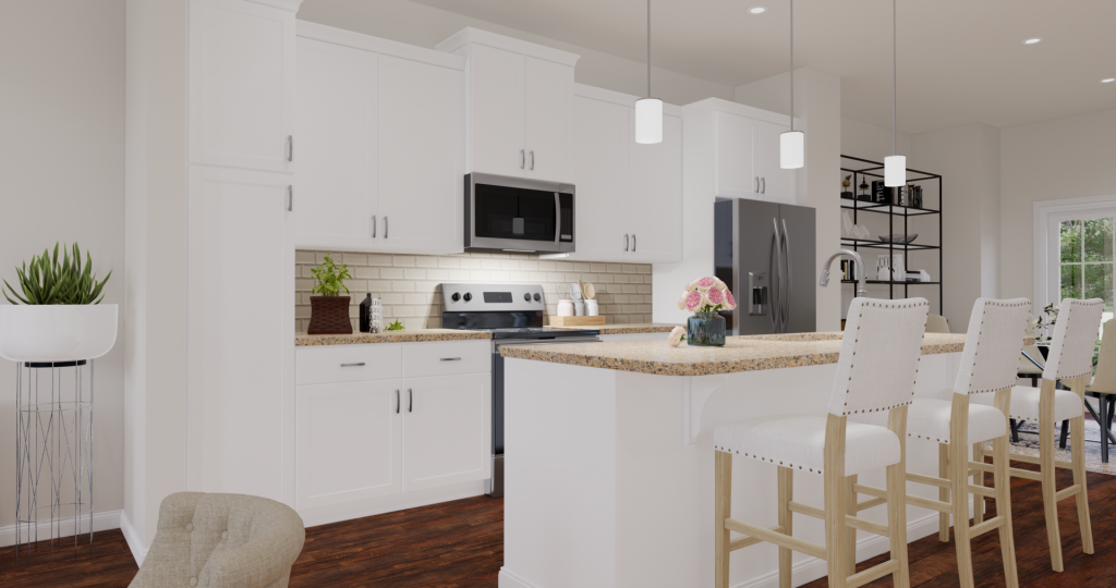 alexandria gourmet kitchen rendering with stainless steel appliances and sit-in island bar