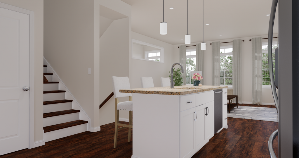 rendering of the gourmet kitchen island in the Alexandria townhome design