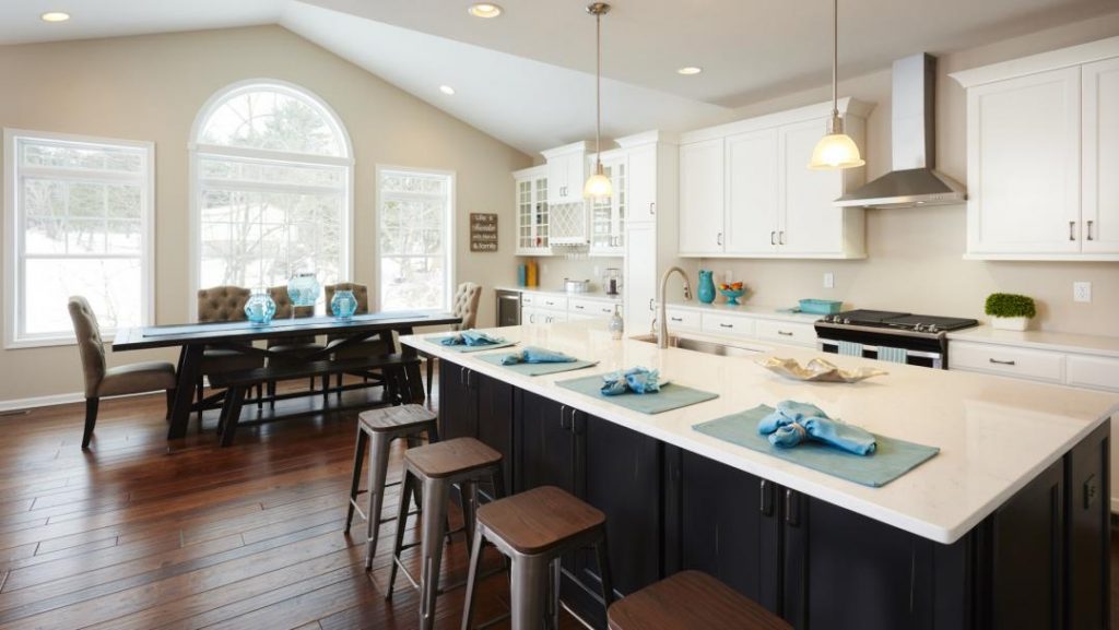 contrasting wood kitchen cabinets
