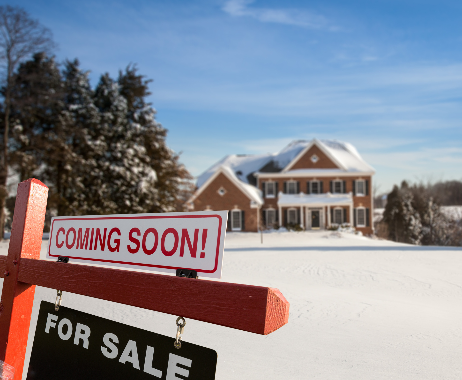 For sale sign in front of large USA home