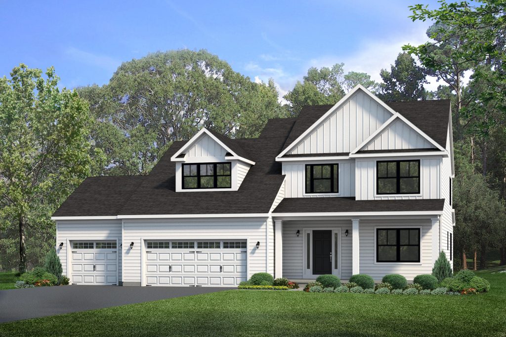 A modern two-story house with a white siding exterior, black shingled roof, and dark window frames. The house features a double garage with white doors, dormer windows on the second level, and a covered front entry with a black door. Landscaped with shrubs and flowers, it's set against a backdrop of lush trees under a clear sky.