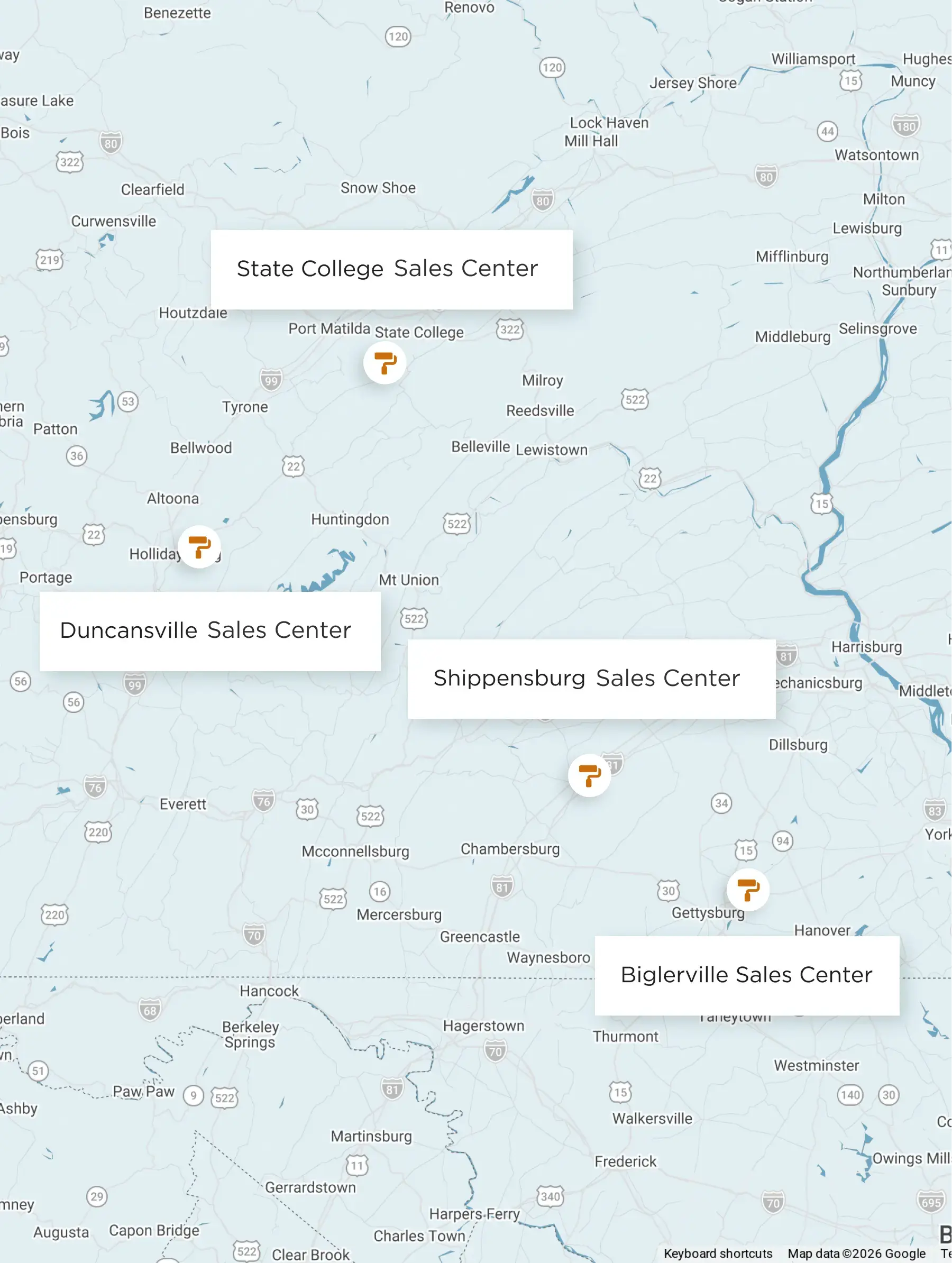 Map of S&A Sales Center Locations